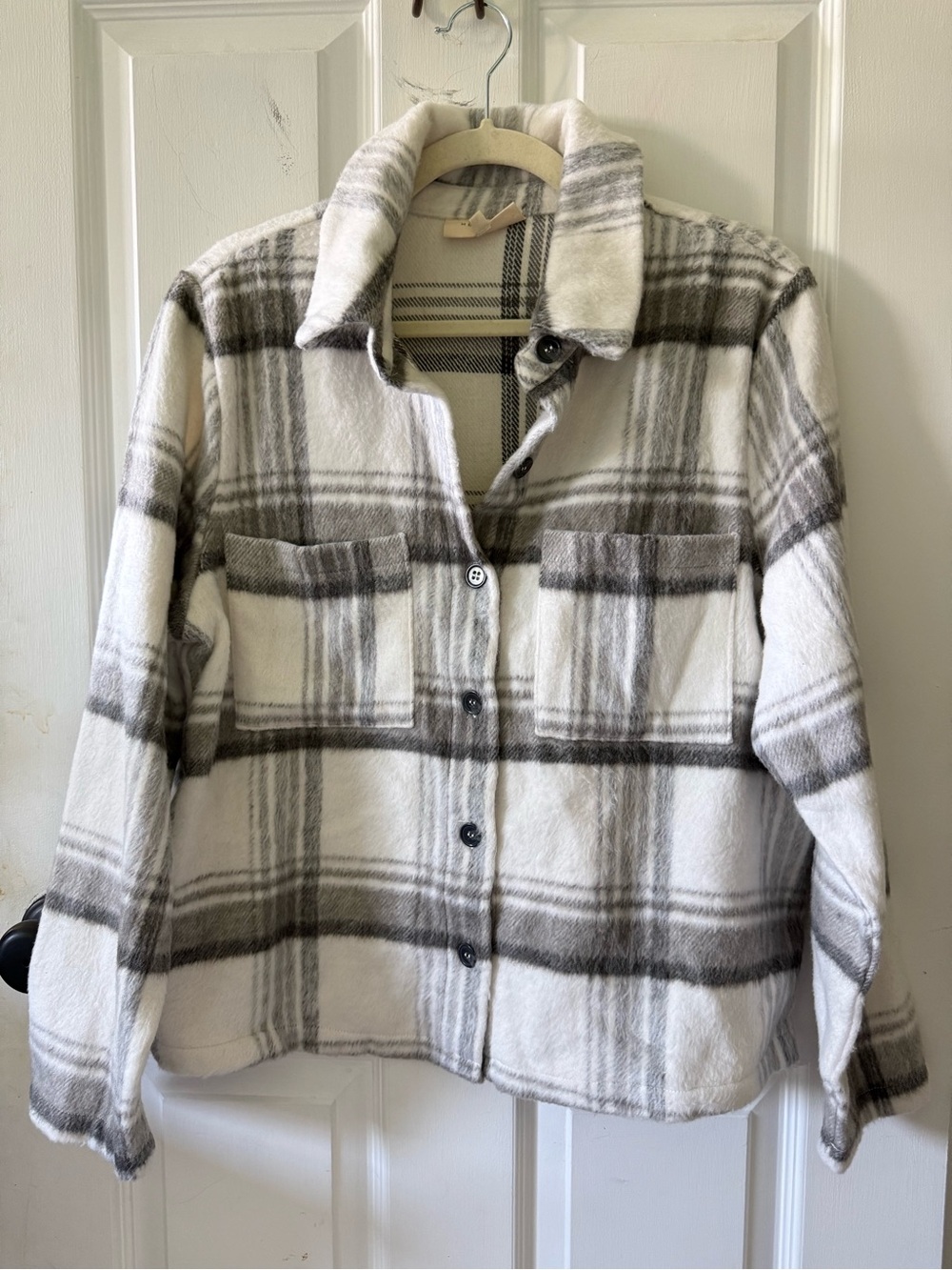White and Gray Plaid Teddy Shacket